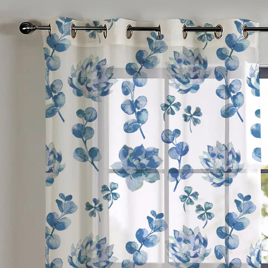 Elegant Floral Print Sheer Semi Transparent Curtain - Set of 2 -DS19C1