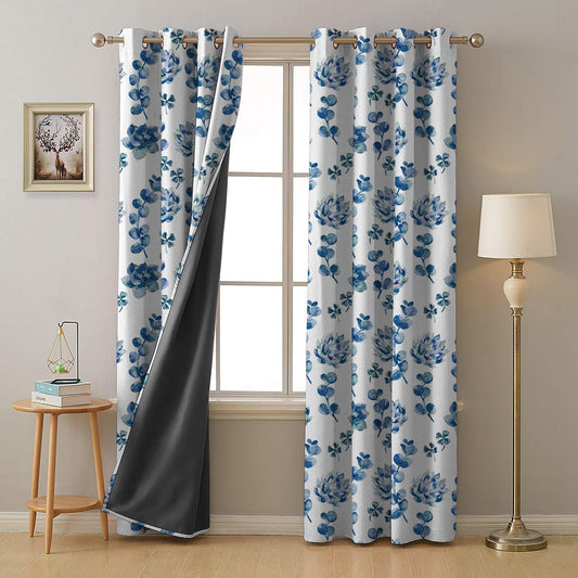 Dazzling Dahlias Floral Blue Heavy Satin Blackout Curtains Set Of 2 - (DS19C)