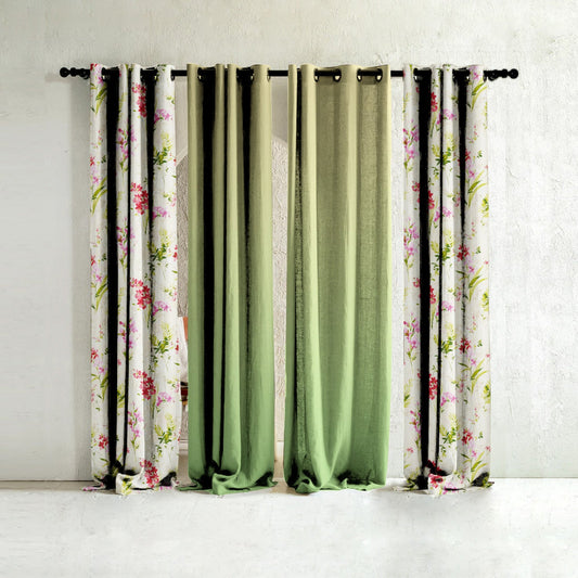Floral & Ombre Print Combination Room Darkening Curtains Set Of 4 Door Curtain - (260AOFC16)