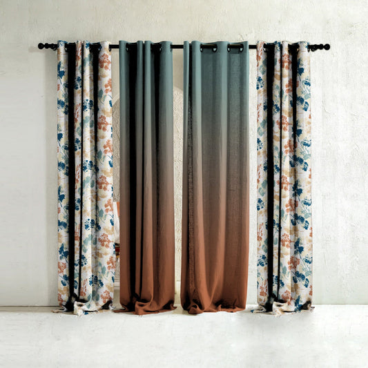 Chromatic Meadows Floral & Ombre Print Combination Room Darkening Curtains Set Of 4 Door Curtain - (271DOMBRE27)