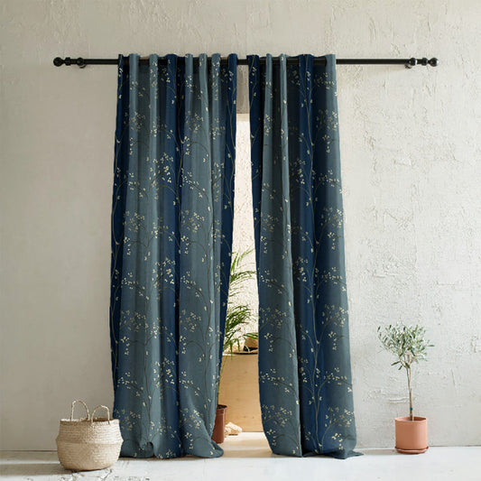 Mini Floral Trellis Floral Midnight Blue Heavy Satin Room Darkening Curtains Set Of 2 - (DS357D)