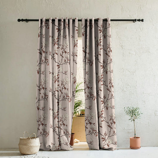 Blooming Vines Floral Dusty Beige Heavy Satin Room Darkening Curtains Set Of 2 - (DS427A)