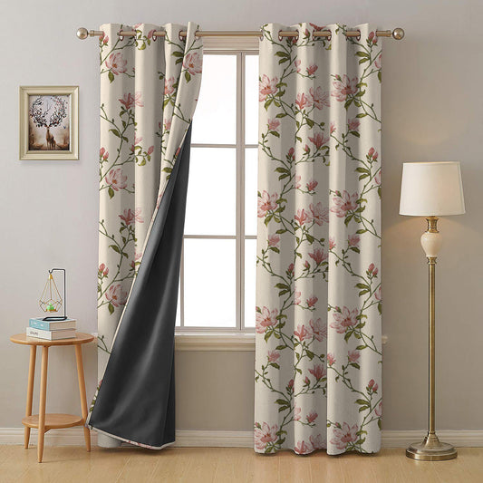 Blooming Vines Floral Soft Pink Heavy Satin Blackout Curtains Set Of 2 - (DS427B)