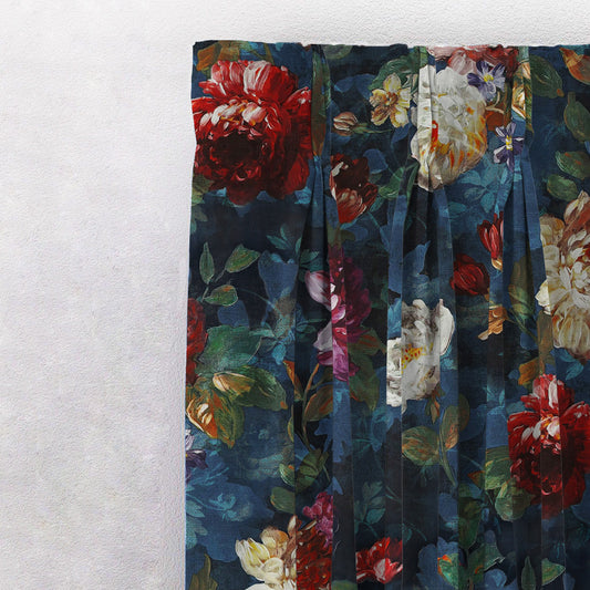 Dark Romance Floral Steel Blue Heavy Satin Blackout Curtains Set Of 2 - (DS473A)