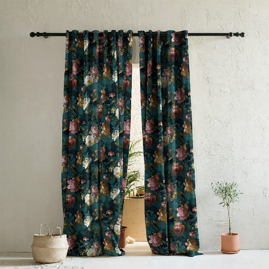 Dark Romance Floral Turquoise Heavy Satin Room Darkening Curtains Set Of 2 - (DS473B)