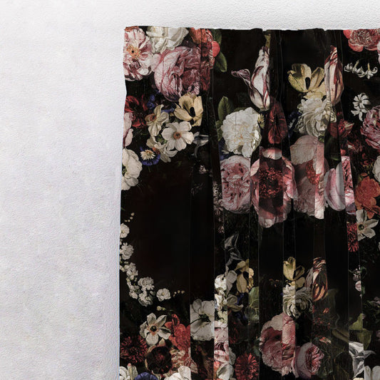 Noir Blossom Floral Peach Pink Heavy Satin Blackout Curtains Set Of 2 - (DS474C)