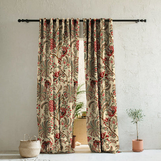 Urban Jungle Floral Champagne Beige Heavy Satin Room Darkening Curtains Set Of 2 - (DS488B)