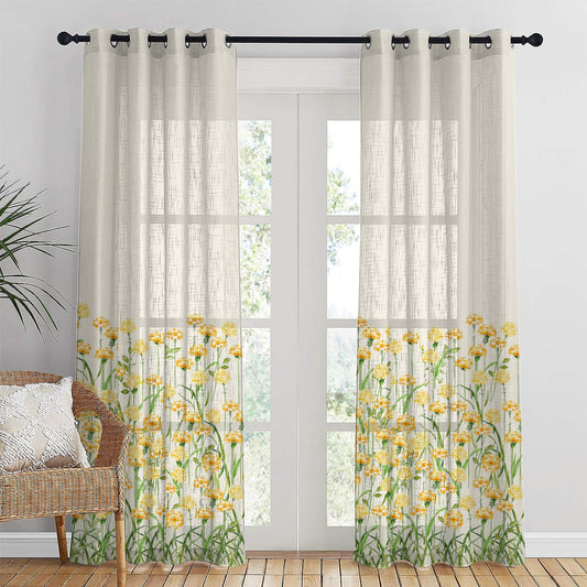 Marigold Bliss Floral Linen Sheer Curtain Set Of 2 DS551