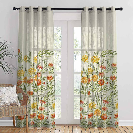 Sun-kissed Marigold Floral Linen Sheer Curtain Set Of 2 DS554