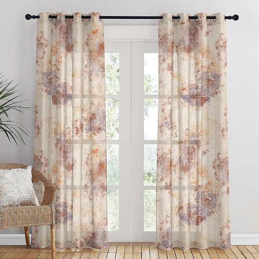 Rustic Charm Geometric London Hue Linen Sheer Curtain Set of 2 -(DS558B)