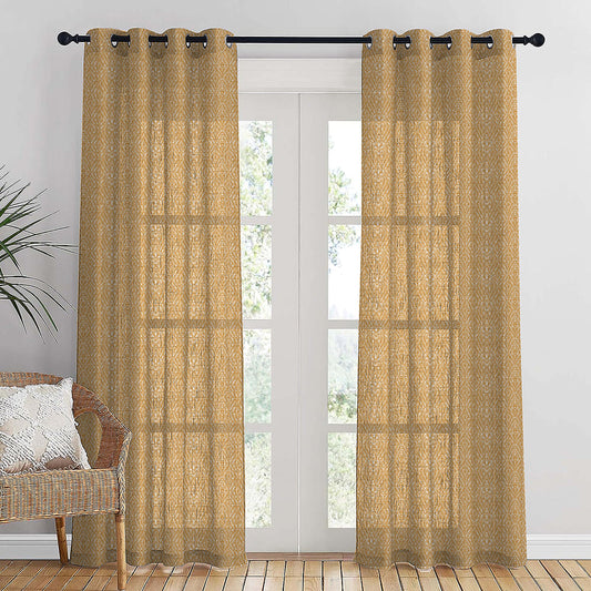 MacraMagic Geometric Harvest Gold Linen Sheer Curtain Set of 2 -(DS565A)