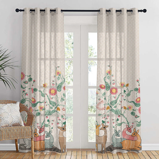 Forest Folklore Floral Blanched Almond Linen Sheer Curtain Set of 2 -(DS566A)
