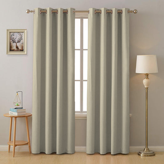 Sand Beige Micro Poly 100% Blackout Noise Reduction Thermal Insulation Curtain Set of 2 - (SandBeige4PASS)