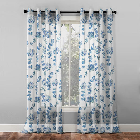 Elegant Floral Print Sheer Semi Transparent Curtain - Set of 2 -DS19C1