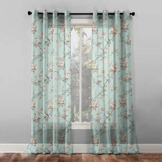 Elegant Floral Print Sheer Semi Transparent Curtain - Set of 2 -DS207A