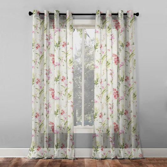 Elegant Floral Print Sheer Semi Transparent Curtain - Set of 2 -DS260A1