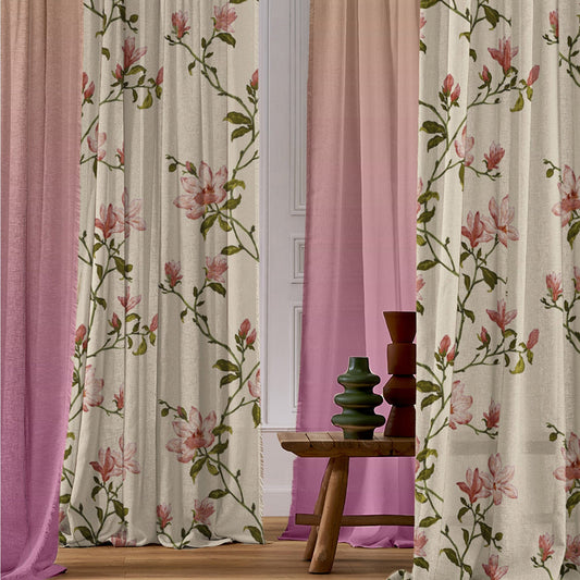 Elegant Floral & Ombre Print Combination Room Darkening Curtains - Set Of 4 Door Curtain (427BOFC12) - Pink & Beige