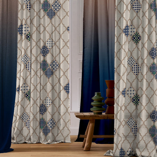 Elegant Ethnic & Ombre Print Combination Room Darkening Curtains - Set Of 4 Door Curtain (452AMR2) - Blue & Cream