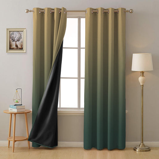 Ombre Moss Green Heavy Satin Blackout Curtains Set Of 2 - (OMBRE24)