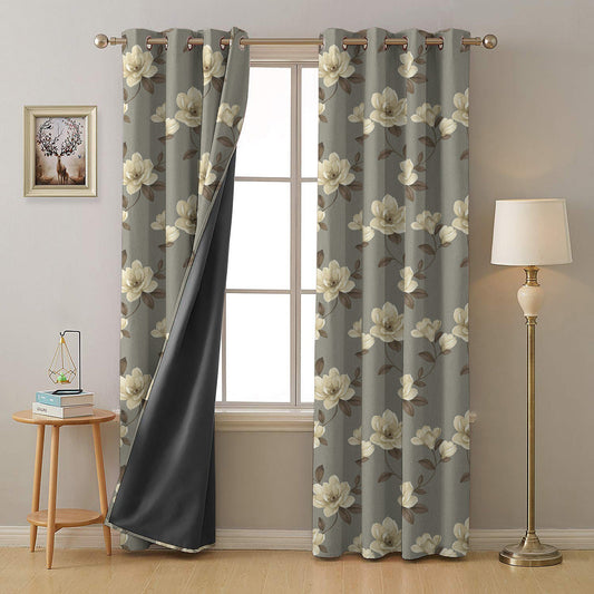 Floral Flock Floral Slate Grey Heavy Satin Blackout Curtains Set Of 2 - (DS129A)