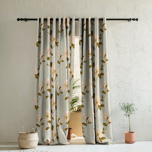 Floral Flock Floral Tan Beige Heavy Satin Room Darkening Curtains Set Of 2 - (DS129E)