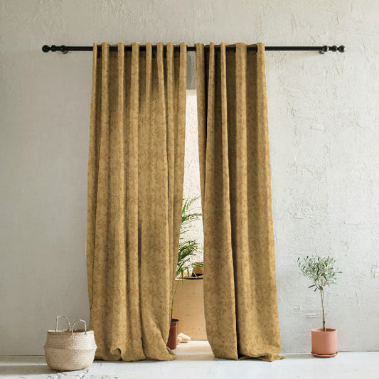 Nouveau Petal Floral Pecan yellow Heavy Satin Room Darkening Curtains Set Of 2 - (DS496A)