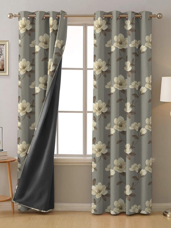 Floral Flock Floral Slate Grey Heavy Satin Blackout Curtains Set Of 2 - (DS129A)