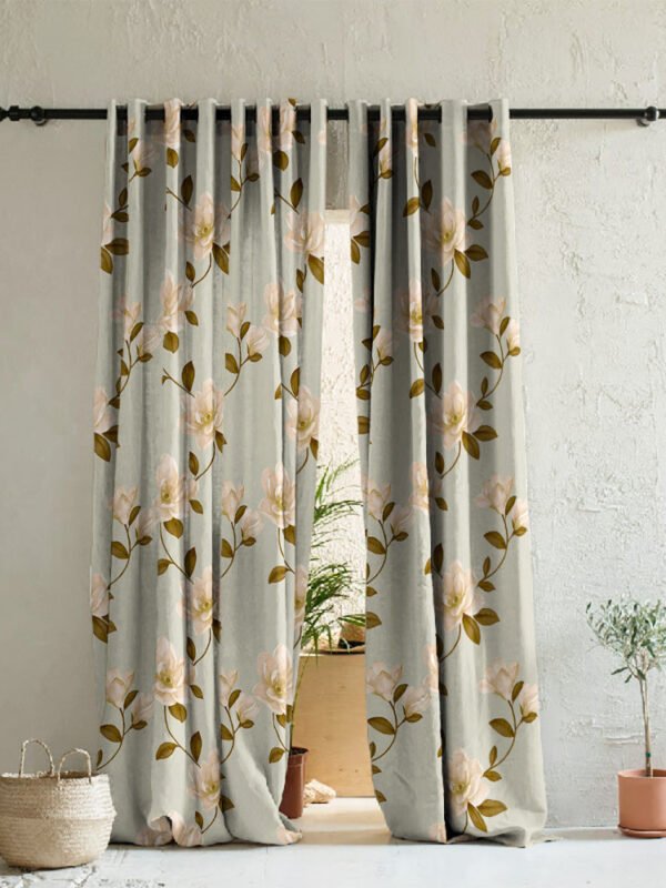 Floral Flock Floral Tan Beige Heavy Satin Room Darkening Curtains Set Of 2 - (DS129E)