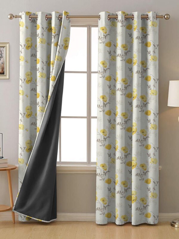 Poppy Meadow Floral Yellow Heavy Satin Blackout Curtains Set Of 2 - (DS133A)