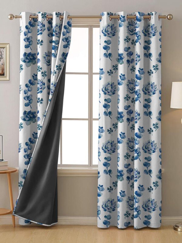 Dazzling Dahlias Floral Blue Heavy Satin Blackout Curtains Set Of 2 - (DS19C)