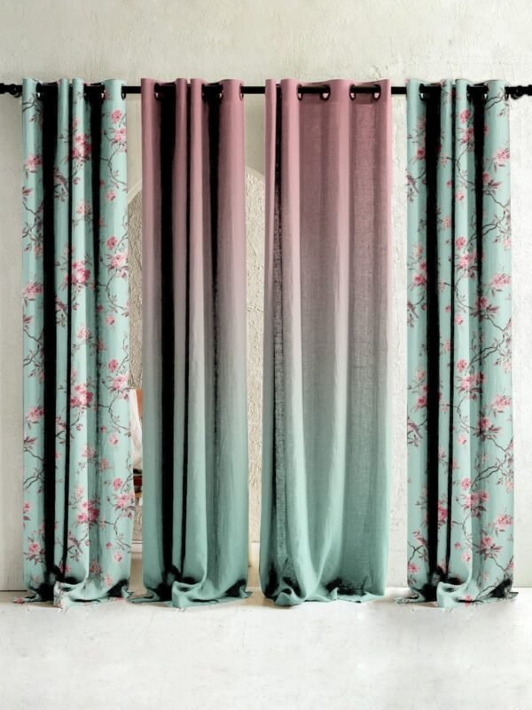 Floral Fresco Floral & Ombre Print Combination Room Darkening Curtains Set Of 4 Door Curtain - (207BOMBRE25)