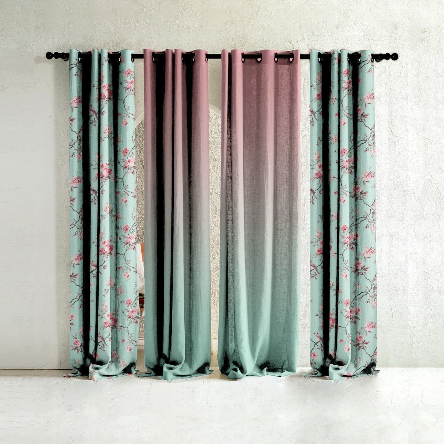 Floral Fresco Floral & Ombre Print Combination Room Darkening Curtains Set Of 4 Door Curtain - (207BOMBRE25)
