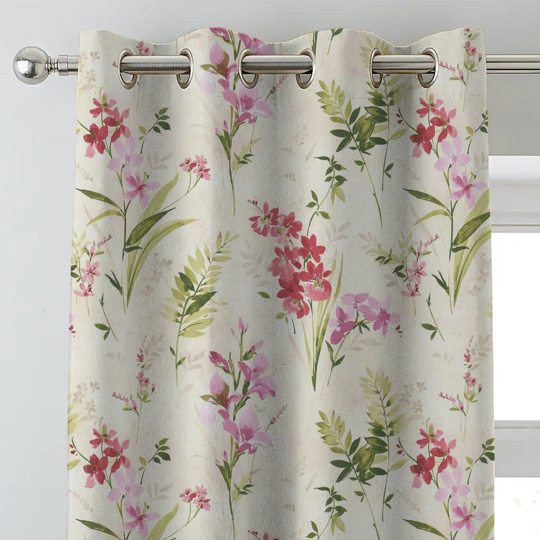 Lovely Lavender Floral Pale Beige Heavy Satin Blackout Curtains Set Of 2 - (DS260A) - Image 3