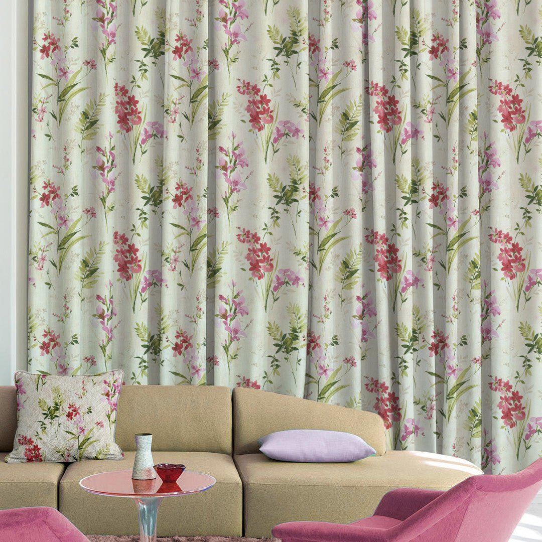 Lovely Lavender Floral Pale Beige Heavy Satin Blackout Curtains Set Of 2 - (DS260A) - Image 5