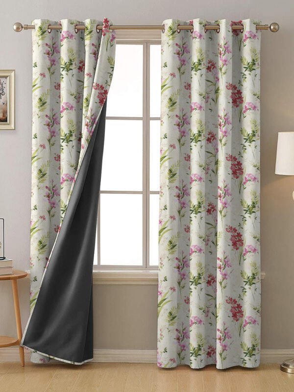 Lovely Lavender Floral Pale Beige Heavy Satin Blackout Curtains Set Of 2 - (DS260A)