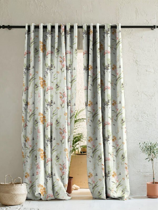Lovely Lavender Floral Tea Green Heavy Satin Room Darkening Curtains Set Of 2 - (DS260D)