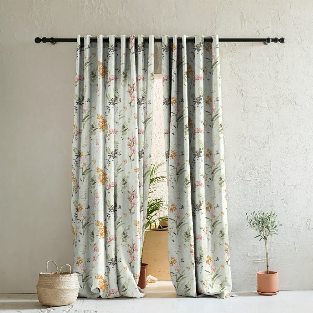 Lovely Lavender Floral Tea Green Heavy Satin Room Darkening Curtains Set Of 2 - (DS260D)