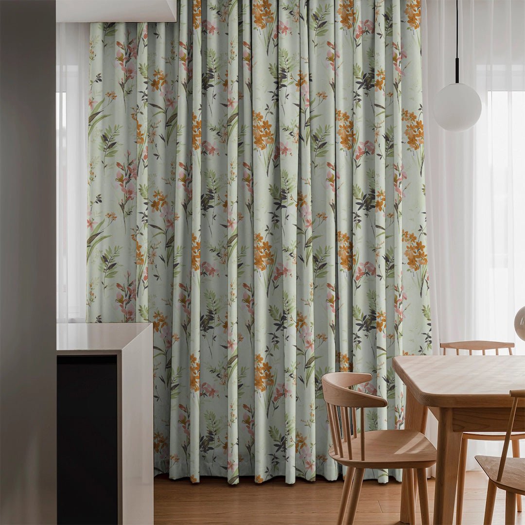 Lovely Lavender Floral Tea Green Heavy Satin Room Darkening Curtains Set Of 2 - (DS260D) - Image 4
