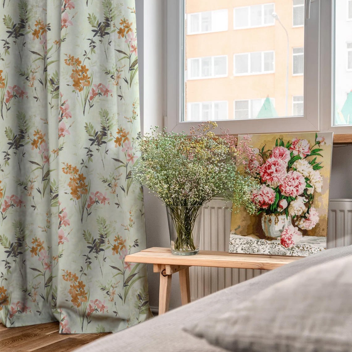 Lovely Lavender Floral Tea Green Heavy Satin Room Darkening Curtains Set Of 2 - (DS260D) - Image 5