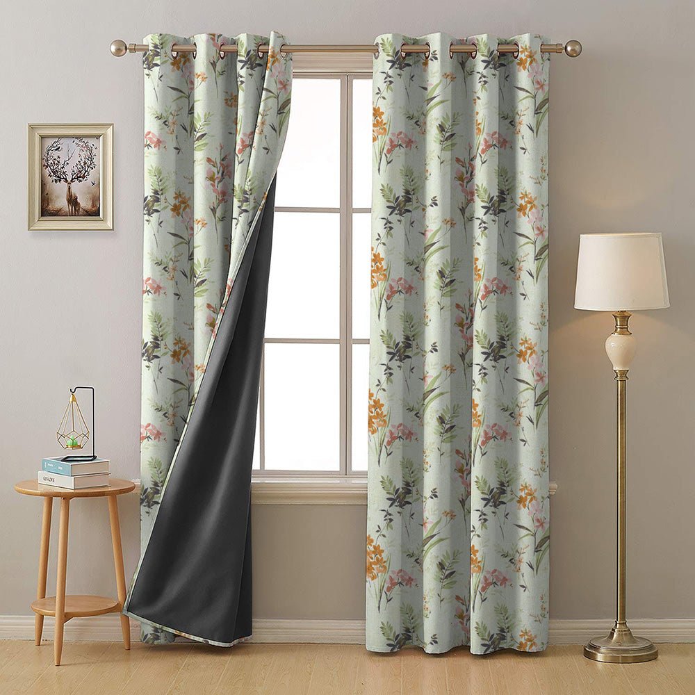 Lovely Lavender Floral Tea Green Heavy Satin Room Darkening Curtains Set Of 2 - (DS260D) - Image 7