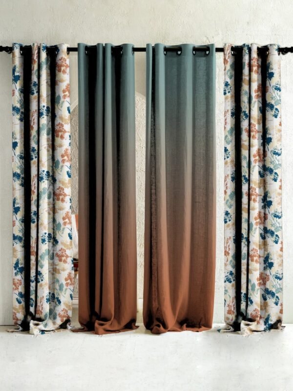 Chromatic Meadows Floral & Ombre Print Combination Room Darkening Curtains Set Of 4 Door Curtain - (271DOMBRE27)