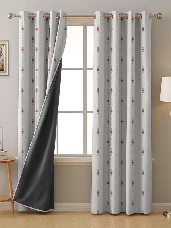Ethnic Essence Floral Tan Beige Heavy Satin Blackout Curtains Set Of 2 - (DS274A)