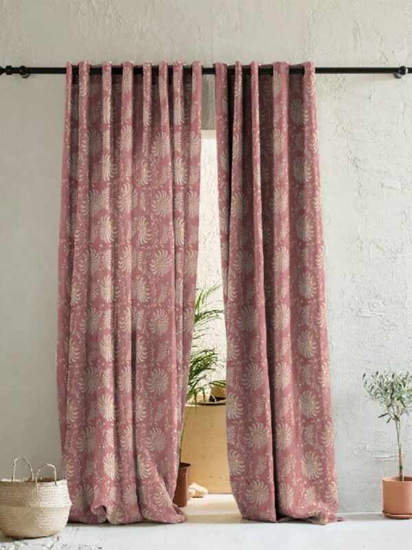 Vines of Heritage Indie Dusty Pink Heavy Satin Room Darkening Curtains Set Of 2 - (DS409B)