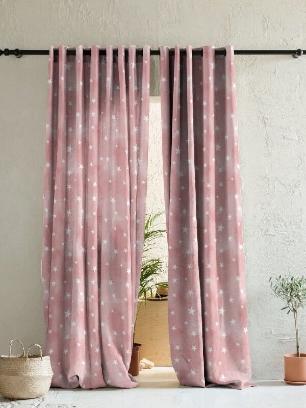 Starry Dreams Kids Peach Pink Heavy Satin Room Darkening Curtains Set Of 2 - (DS463C)