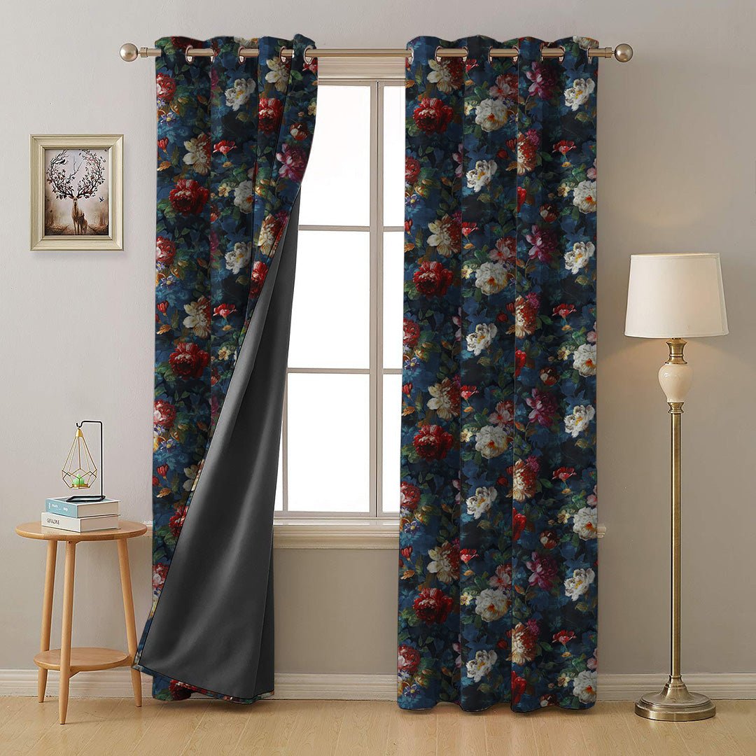 Dark Romance Floral Steel Blue Heavy Satin Blackout Curtains Set Of 2 - (DS473A)