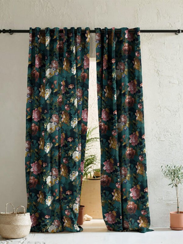 Dark Romance Floral Turquoise Heavy Satin Room Darkening Curtains Set Of 2 - (DS473B)