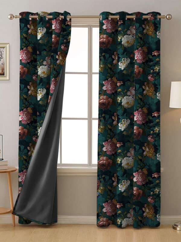 Dark Romance Floral Turquoise Heavy Satin Blackout curtains Set Of 2 - (DS473B)