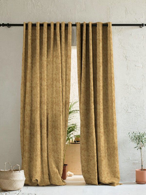 Nouveau Petal Floral Pecan yellow Heavy Satin Room Darkening Curtains Set Of 2 - (DS496A)