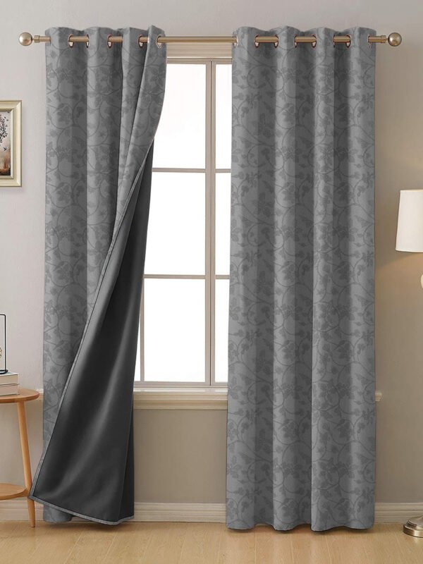 Nouveau Petal Floral French Grey Heavy Satin Blackout Curtains Set Of 2 - (DS496F)