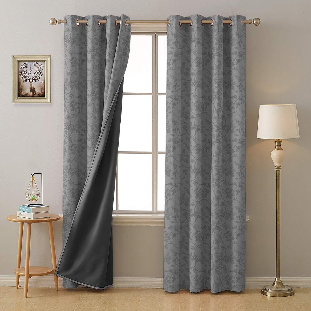 Nouveau Petal Floral French Grey Heavy Satin Blackout Curtains Set Of 2 - (DS496F)